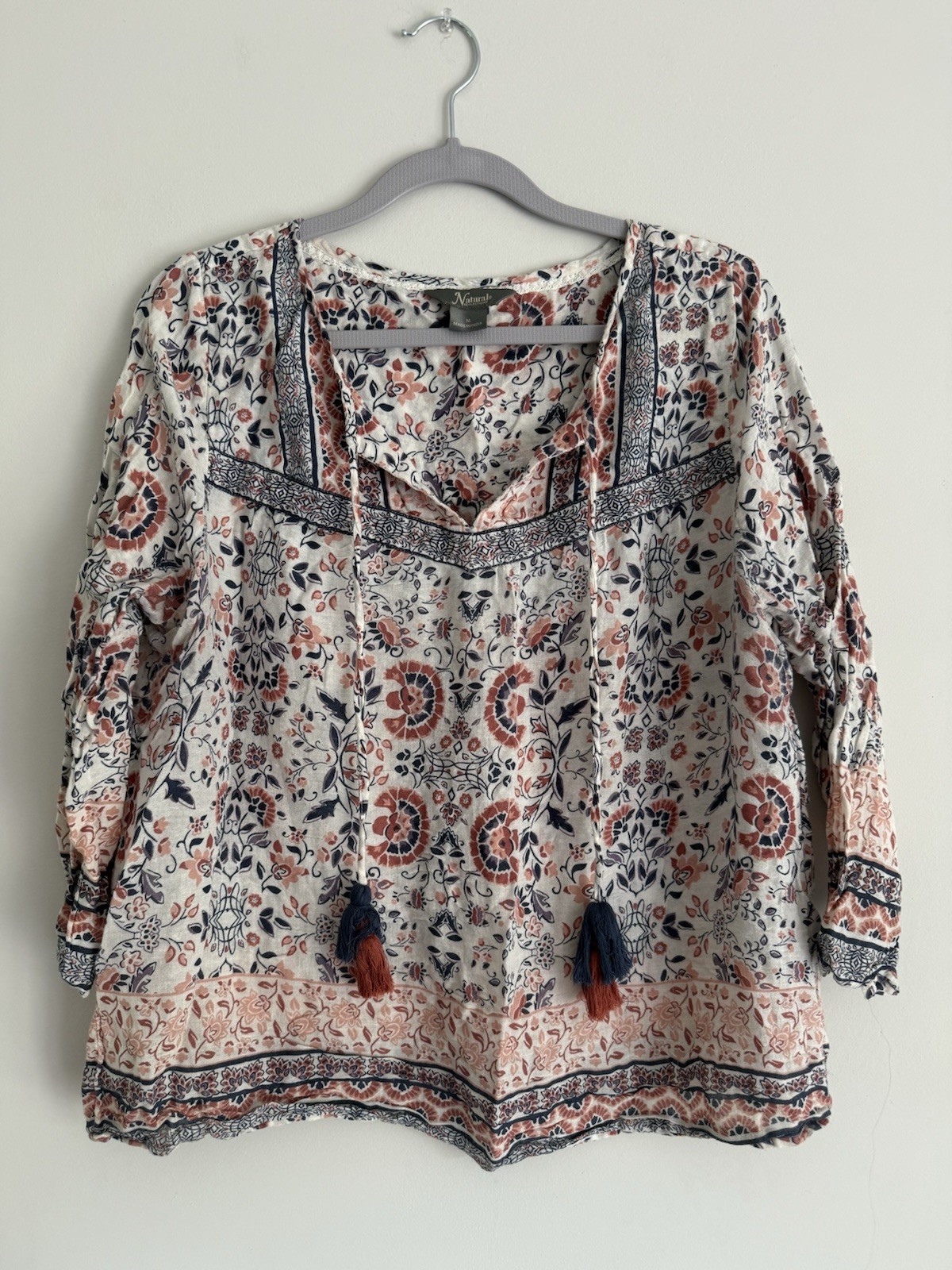 Natural Womens Boho Peasant Top Paisley Tassel Hippie Beach Vacation Boho MEDIUM