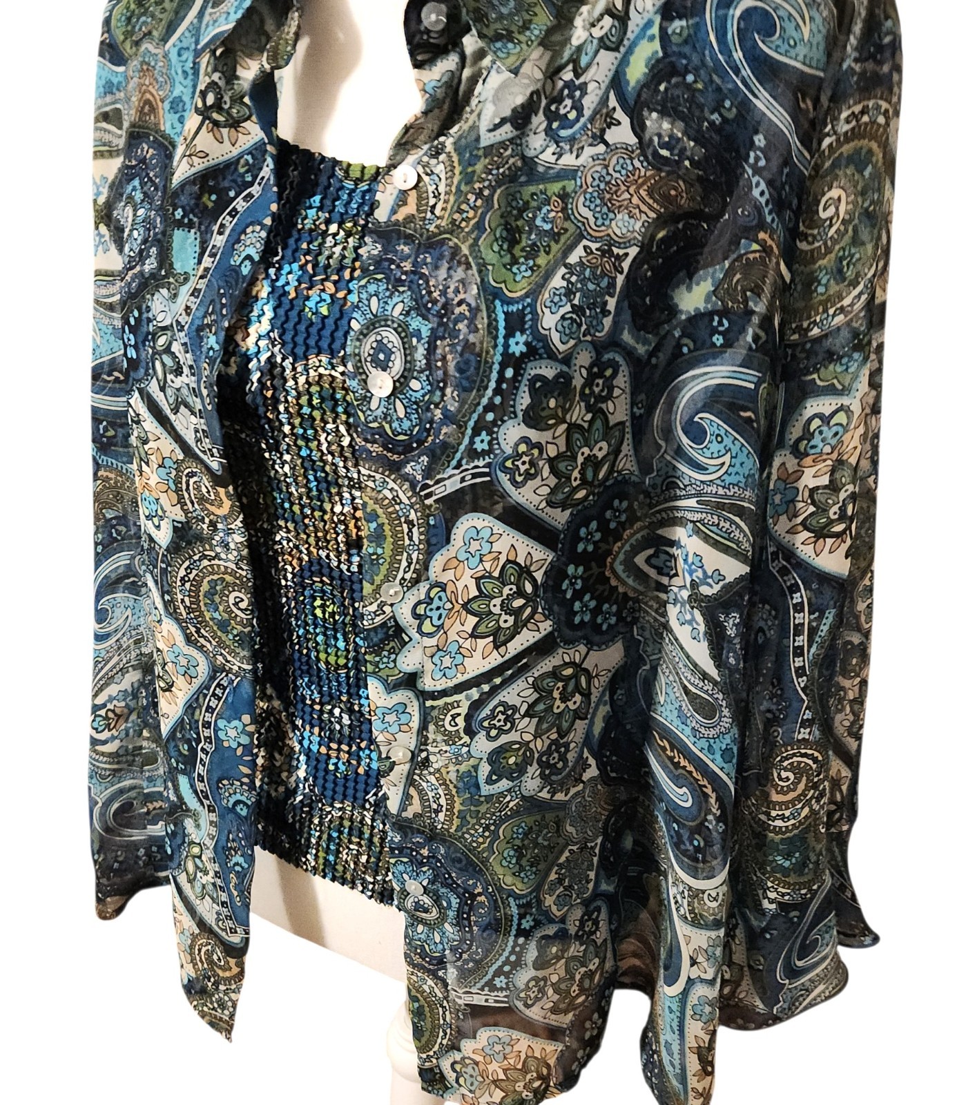 Nicola Sheer Button Up Blouse w/ Ruched Tank Top Blue Paisley Womens Size XL