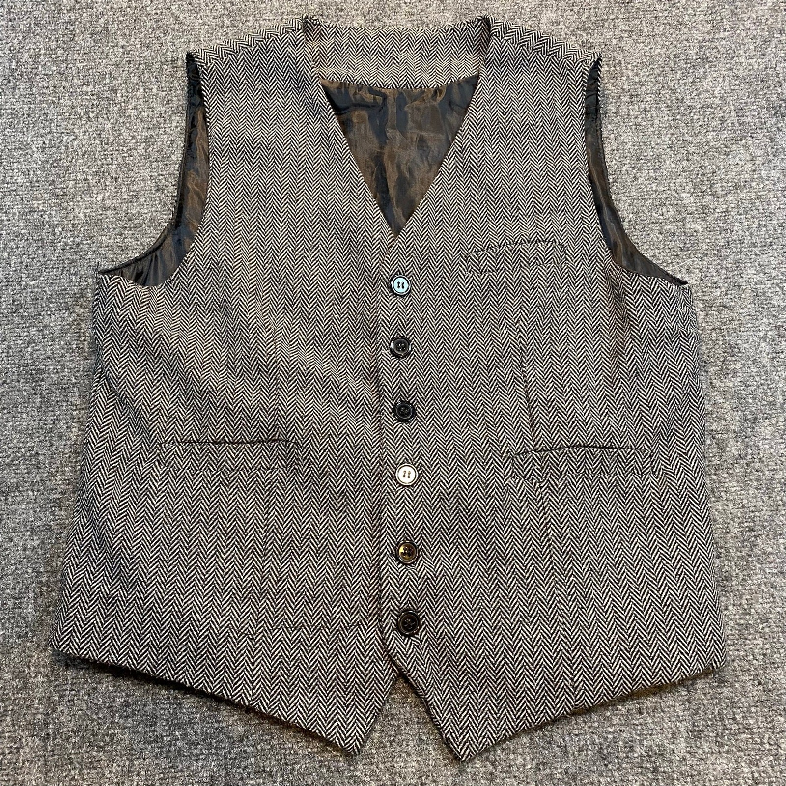 Gray Herringbone Tweed Waistcoat Formal Business Suit Vest Mens Small Button