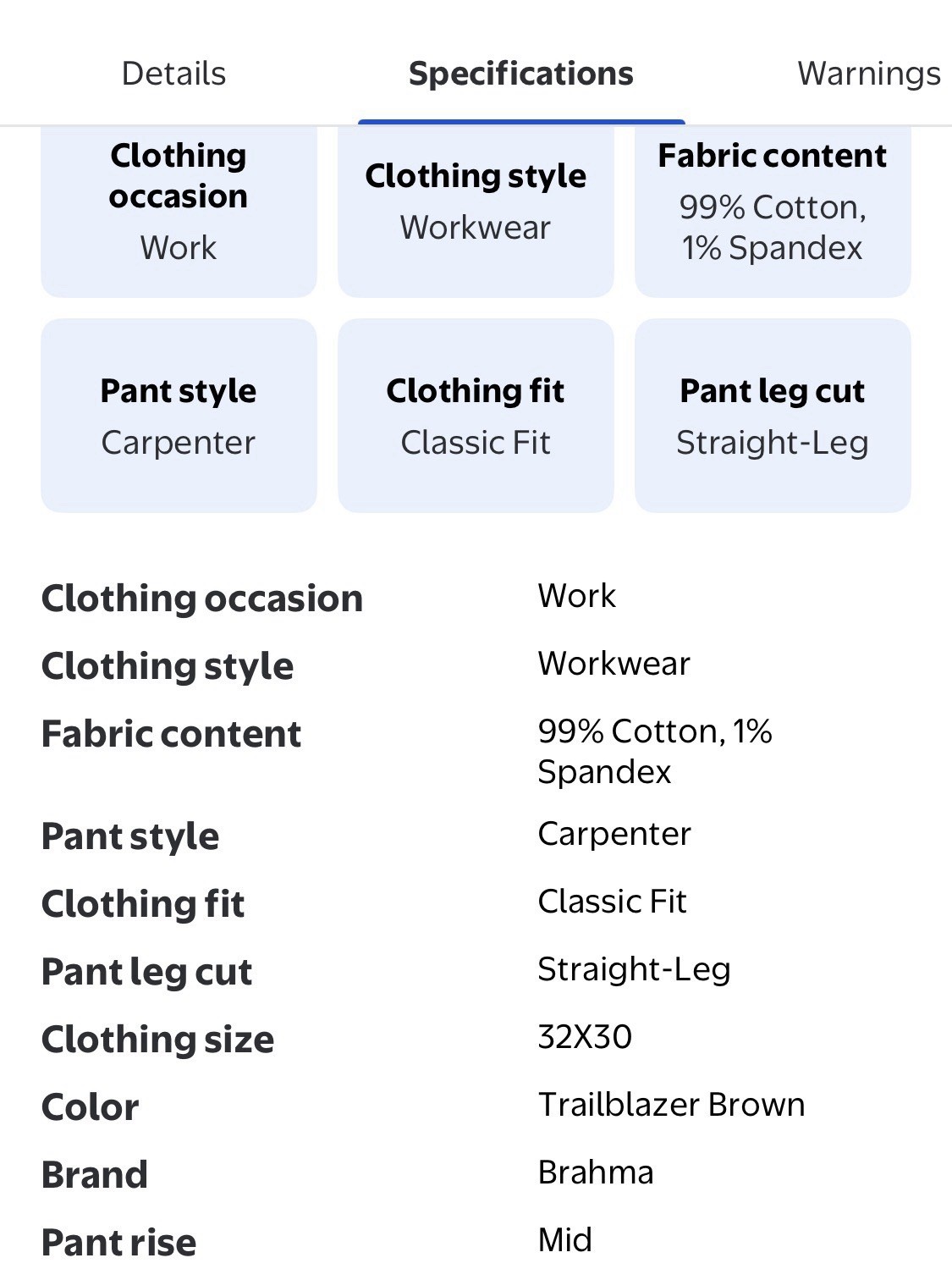 Brahma Carpenter Pants Relaxed Fit – Size 32×30 Brown , 99% Cotton/1% Spandex