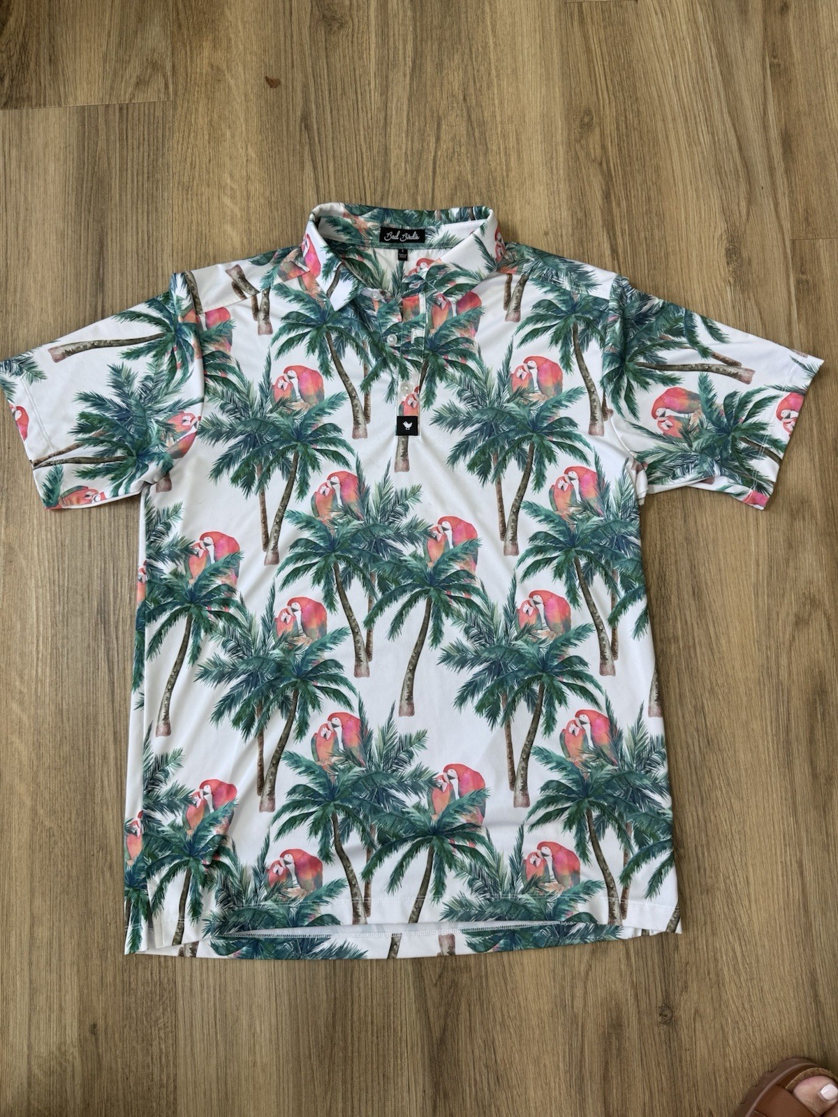 Bad Birdie Men’s M Tropical Parrot Palm Tree Polo Shirt White Short Sleeve