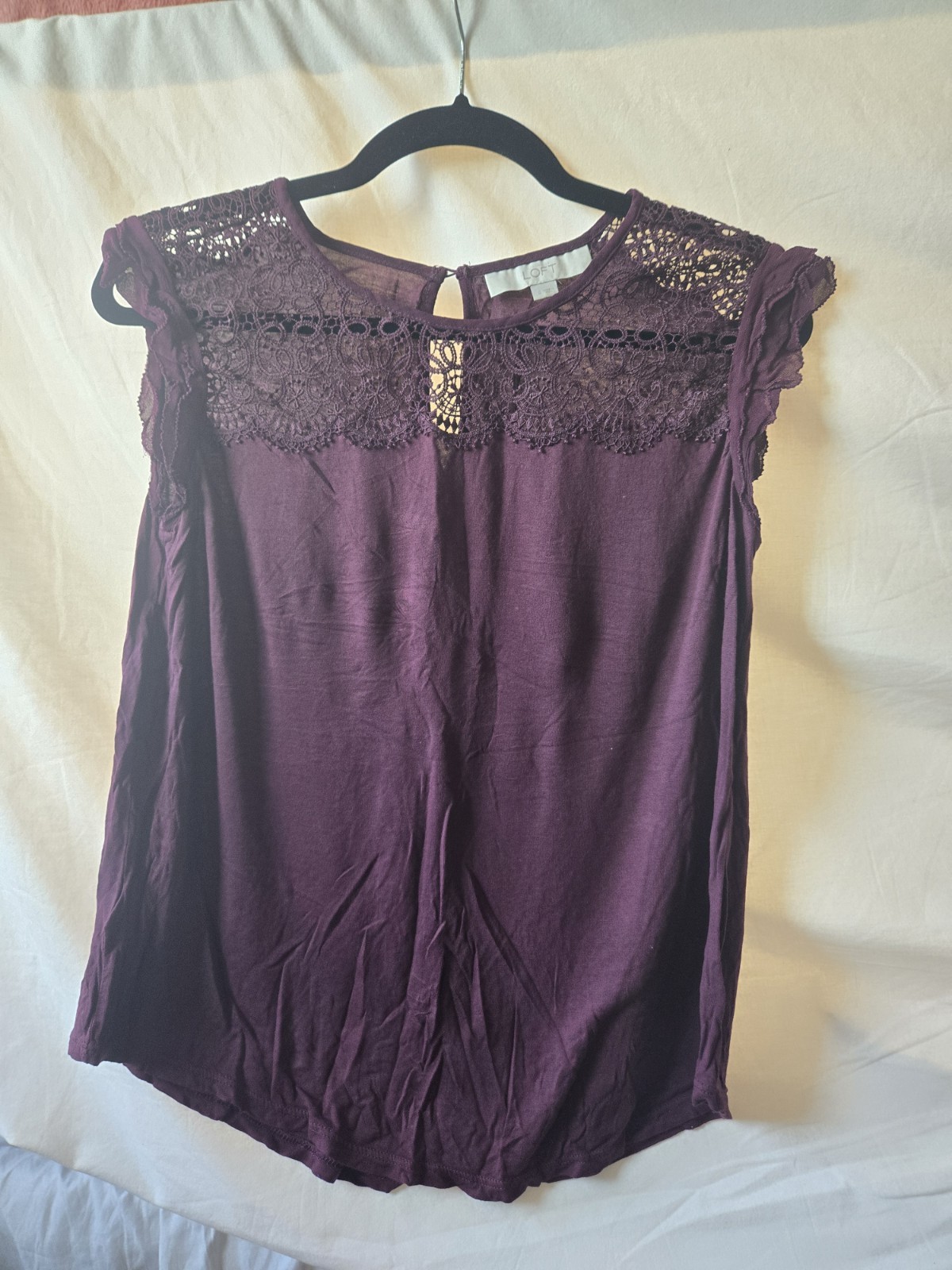 LOFT Ann Taylor Purple Lace Yoke Blouse Top Womens Size S Ruffle Cap Sleeve