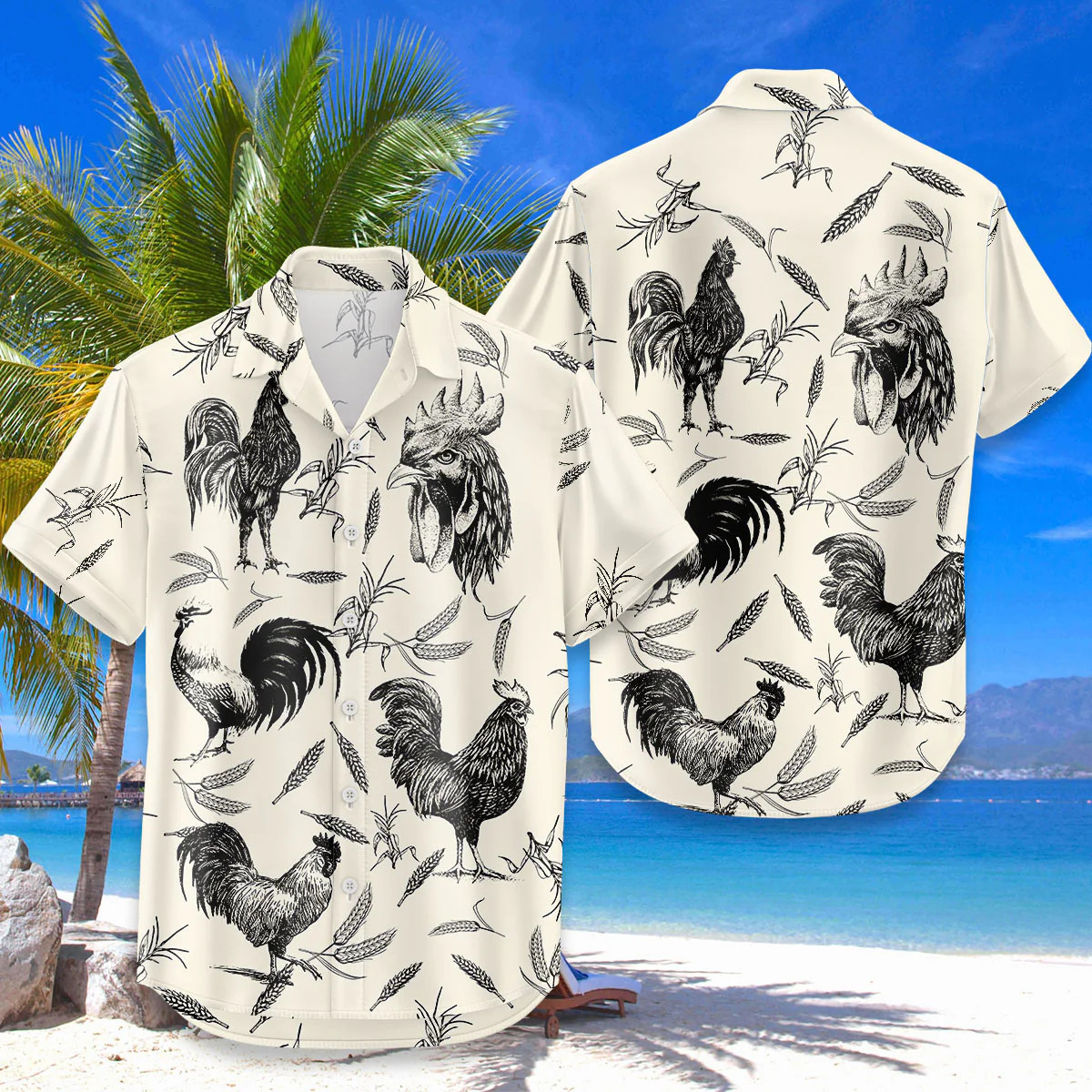 Rooster Hawaiian Shirt – Black White Vintage Sketch Chicken Farm