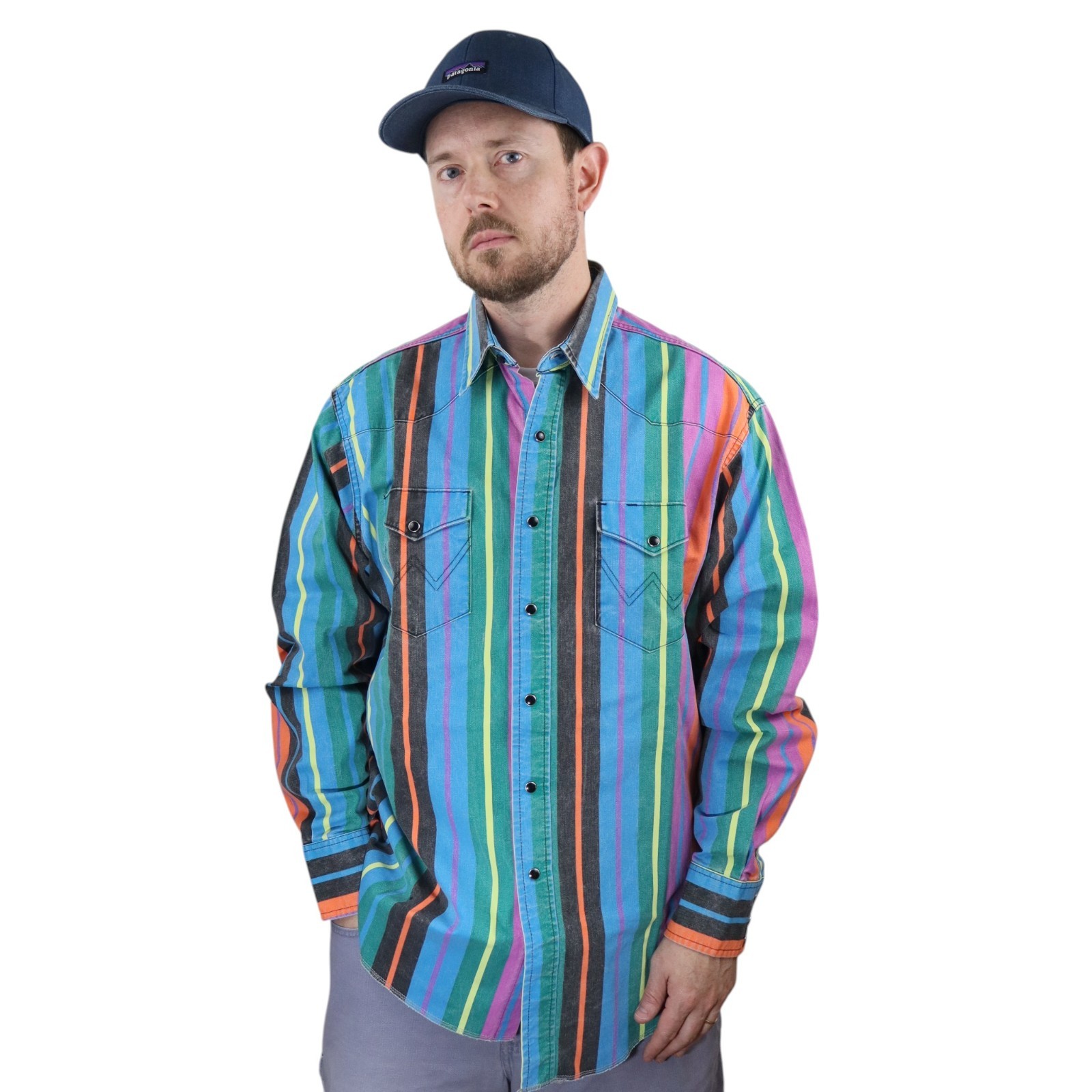 Vintage Wrangler Brushpopper Western Shirt Mens 17/35 Large Striped Made In USA