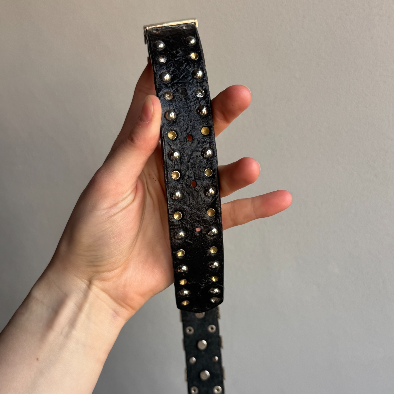 Y2K Black Studded Rhinestone Leather Belt Punk Goth Rockstar Heavy Hardware