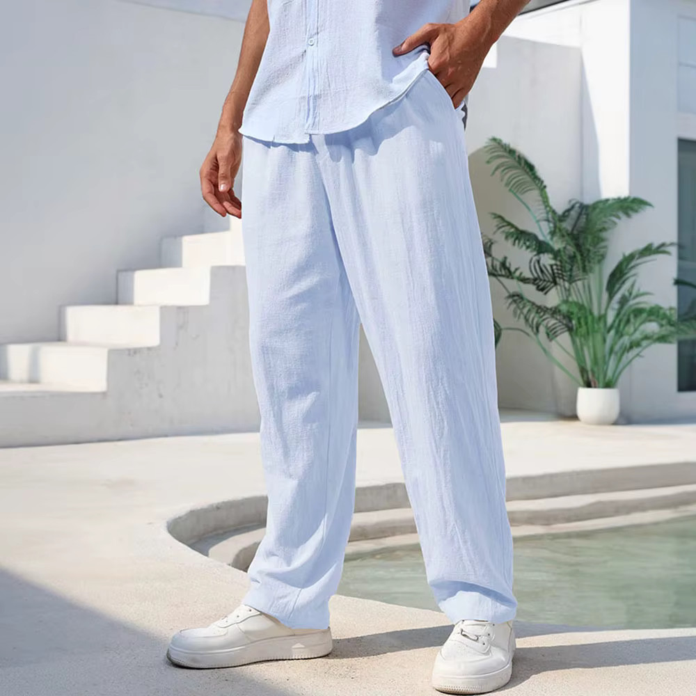 Mens Cotton Linen Straight Leg Breathable Casual Beach Trousers Comfort Pants