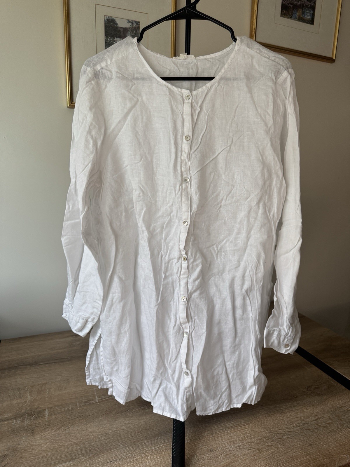 Eileen Fisher White Solid 100% Organic Linen Woven Button Front Blouse L/G