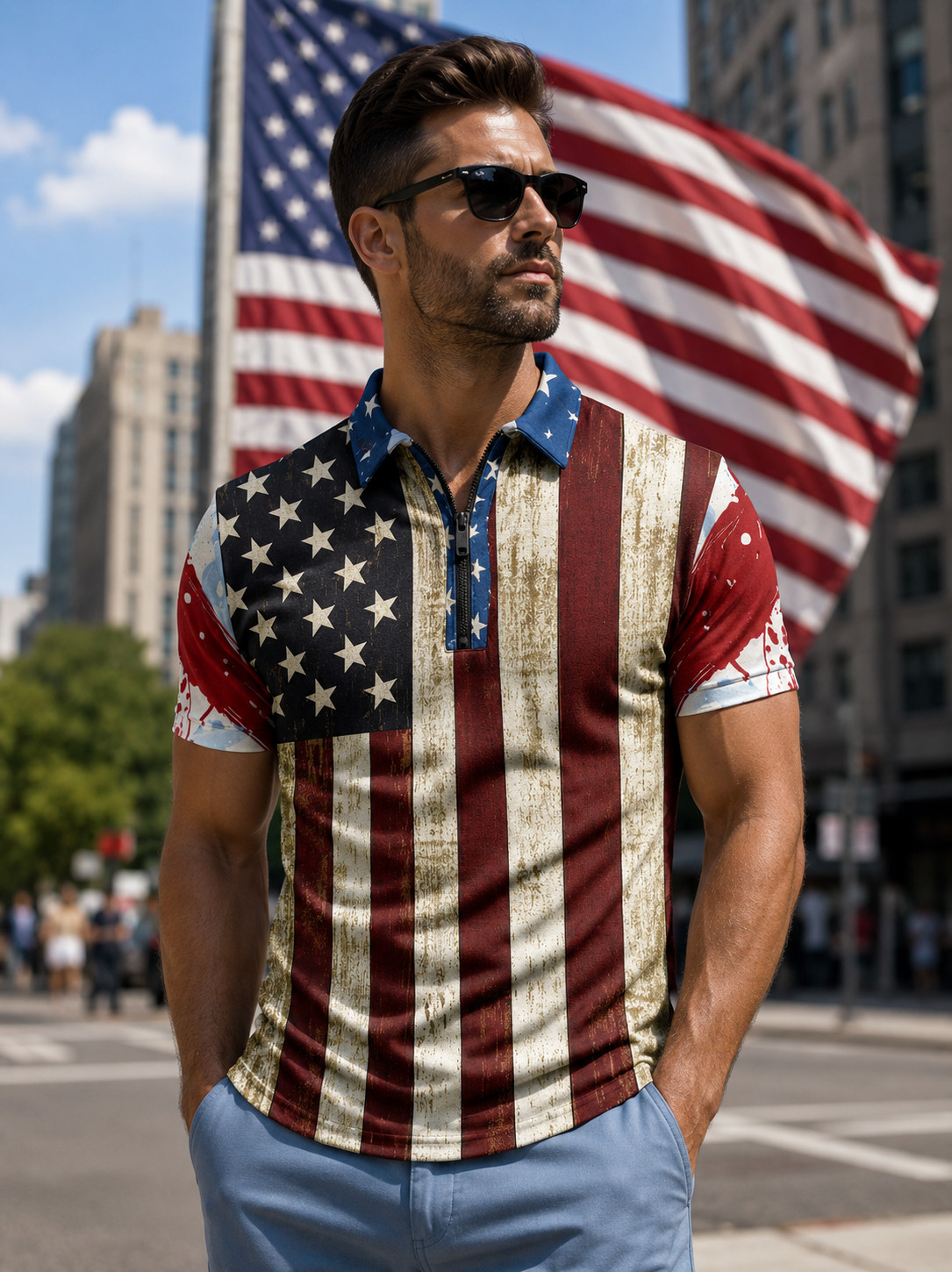 Patriotic Polo T-Shirt Men USA American Flag Distressed Golf Fashion Zipper Soft