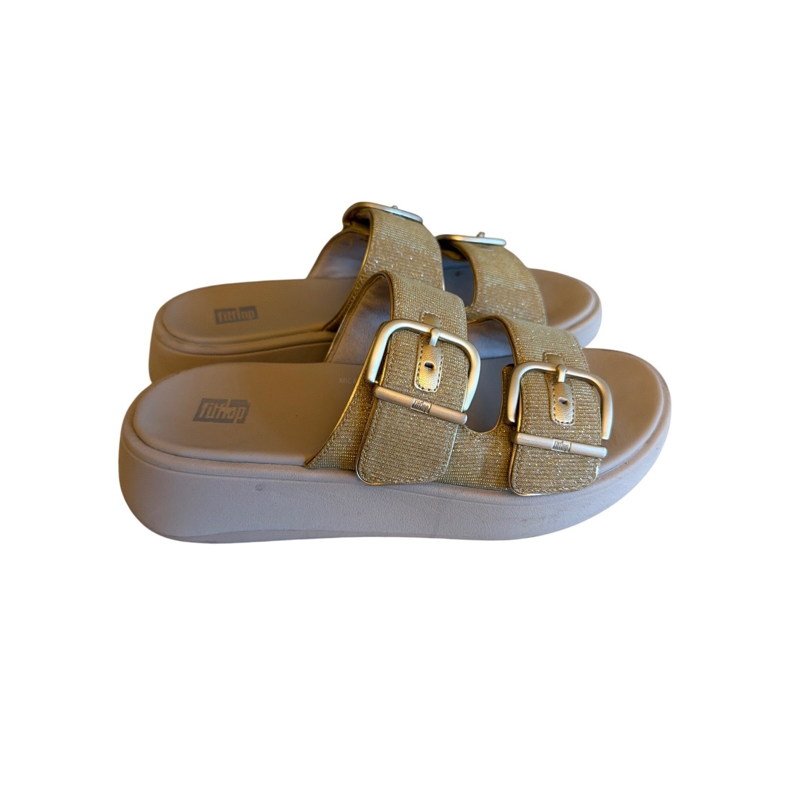 FitFlop Sandals Gold Microwobbleboard Slides HG6-675 Buckle Platform Mens US 7