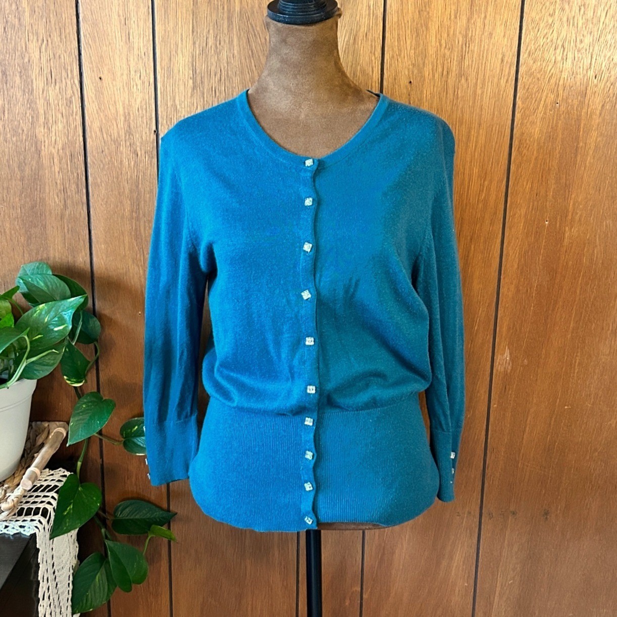 Peck & Peck Teal Blue Rhinestone Button Cardigan Sweater Womens Large