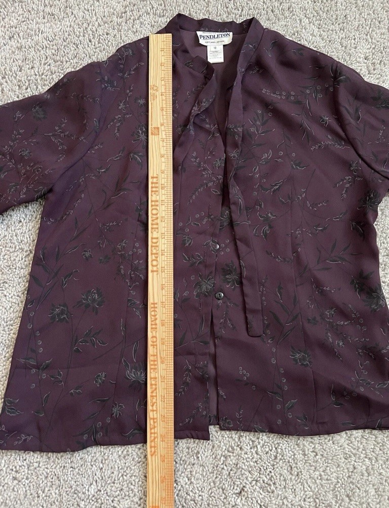 Pendleton Womens Size 12 Burgundy Floral Tie Neck Blouse Button Front Boho