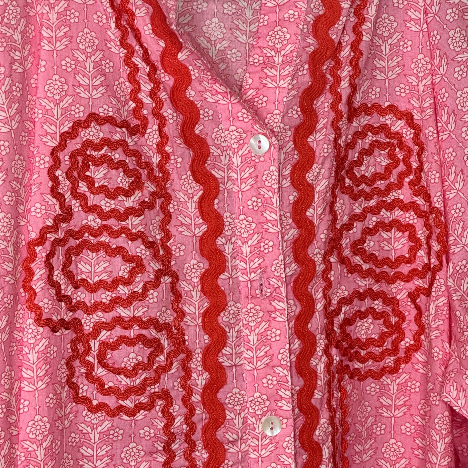 Sister Mary Rosalinda Pink Floral Block Print Ric Rac Puff Sleeve Top XL Cotton