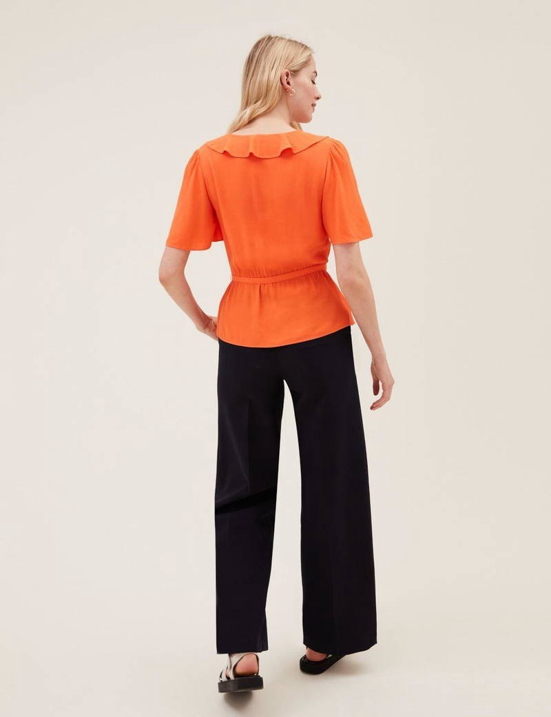 M&S Orange Frill V-Neck – Mock Wrap Blouse With Angel Sleeve Size 14 RRP: £29.50
