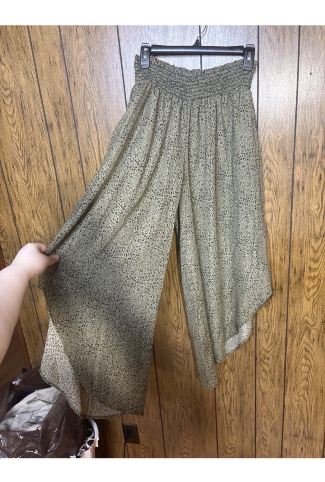 Women’s Green Animal Print Wide-Leg Palazzo Pants Elastic Waist Regular M