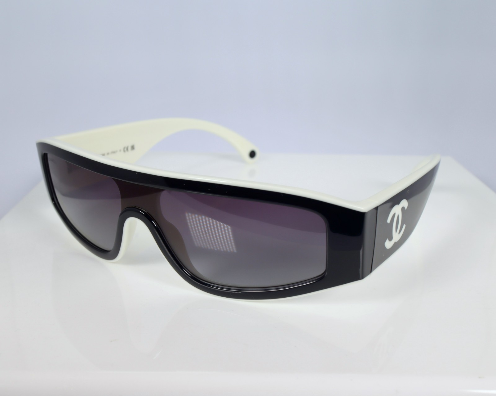 Chanel CH6057 Shield Sunglasses in Black and White with Gray Lenses