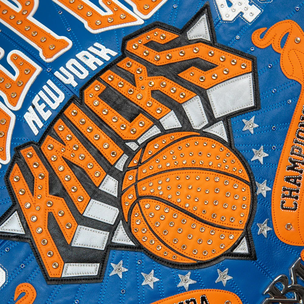 Pe lle Pe lle x Fisll New York K nicks Cowhide Leather Varsity Jacket Basketball