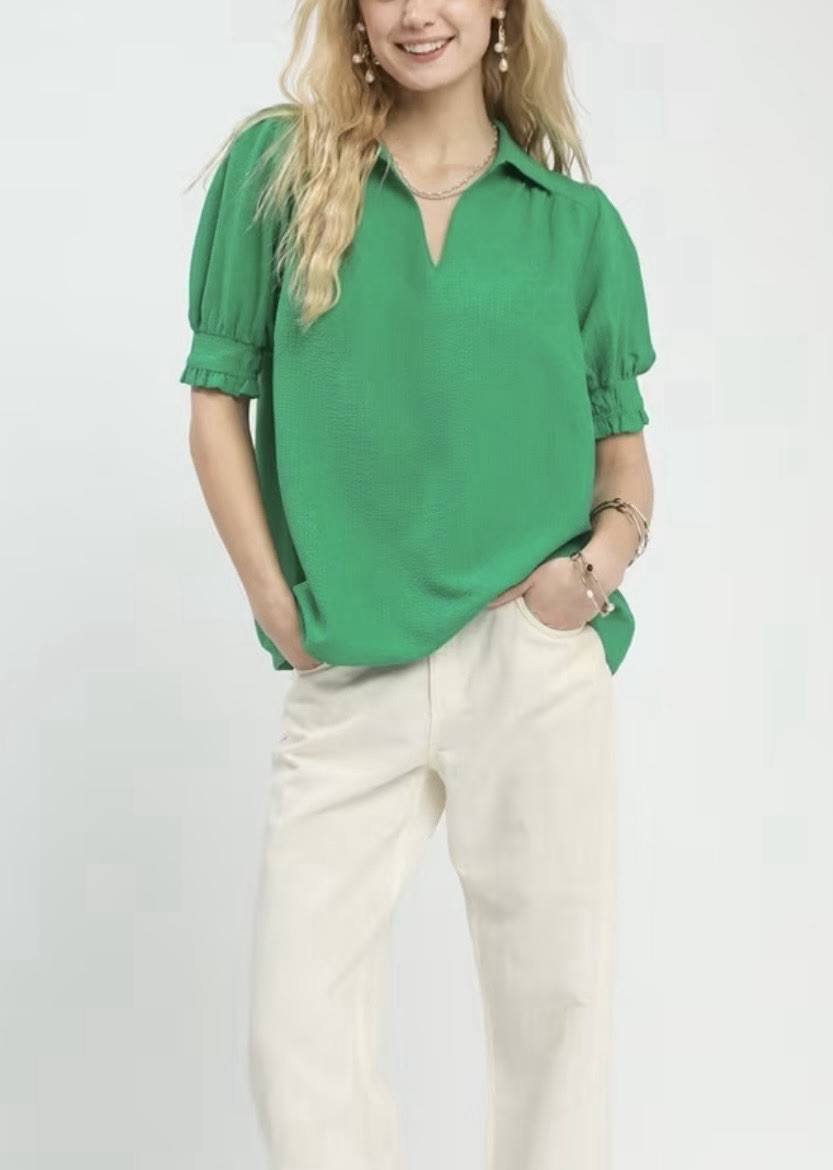 UMGEE Women’s Green Solid Collared Short Puff Sleeve Ruffle Blouse Size S