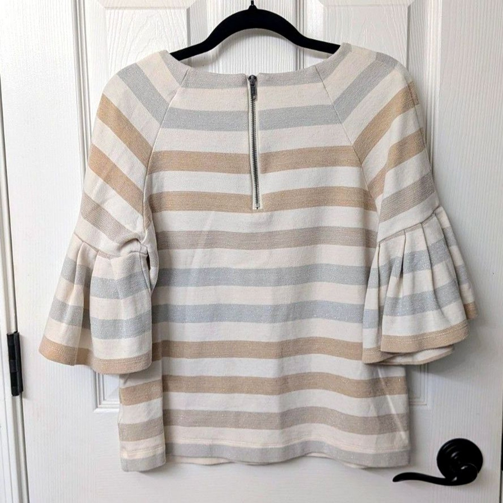 Maeve by Anthropologie Sparkle Stripe Flutter Sleeve Top | Size Med