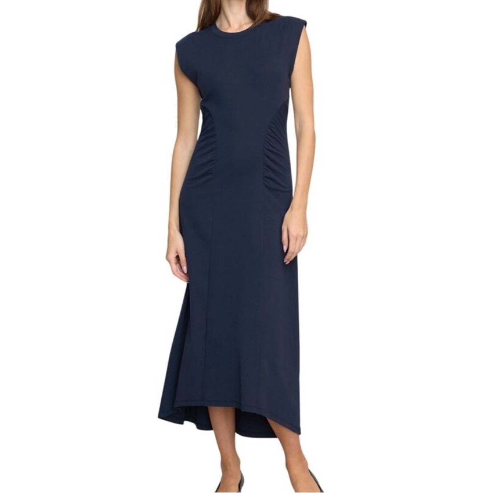 Modern Citizen Lenox Navy Ruched Jersey Midi Dress Cap Sleeve Sz L