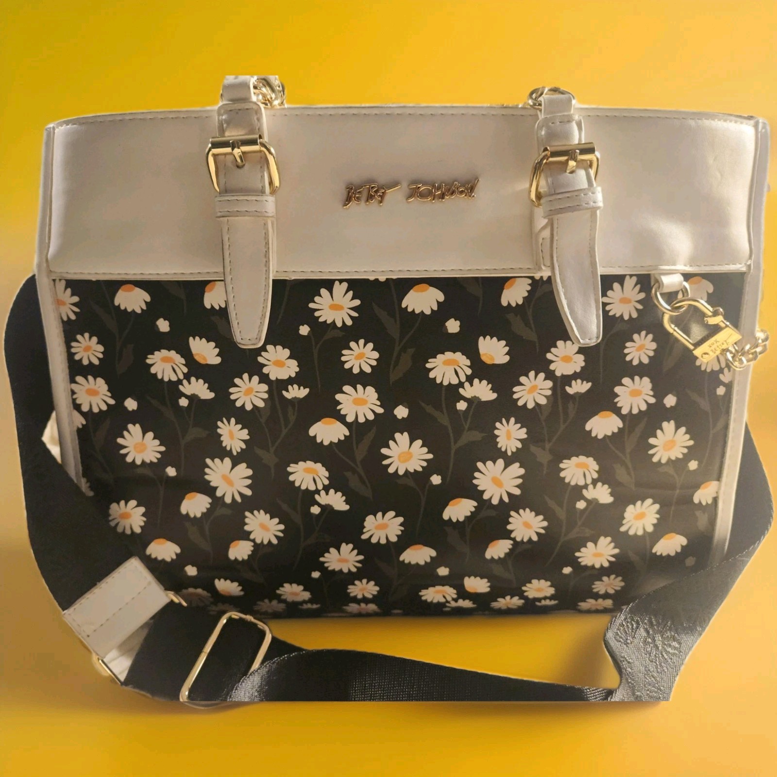 Betsey Johnson Black & White Daisy Floral Satchel, Detachable Strap, Gold HW