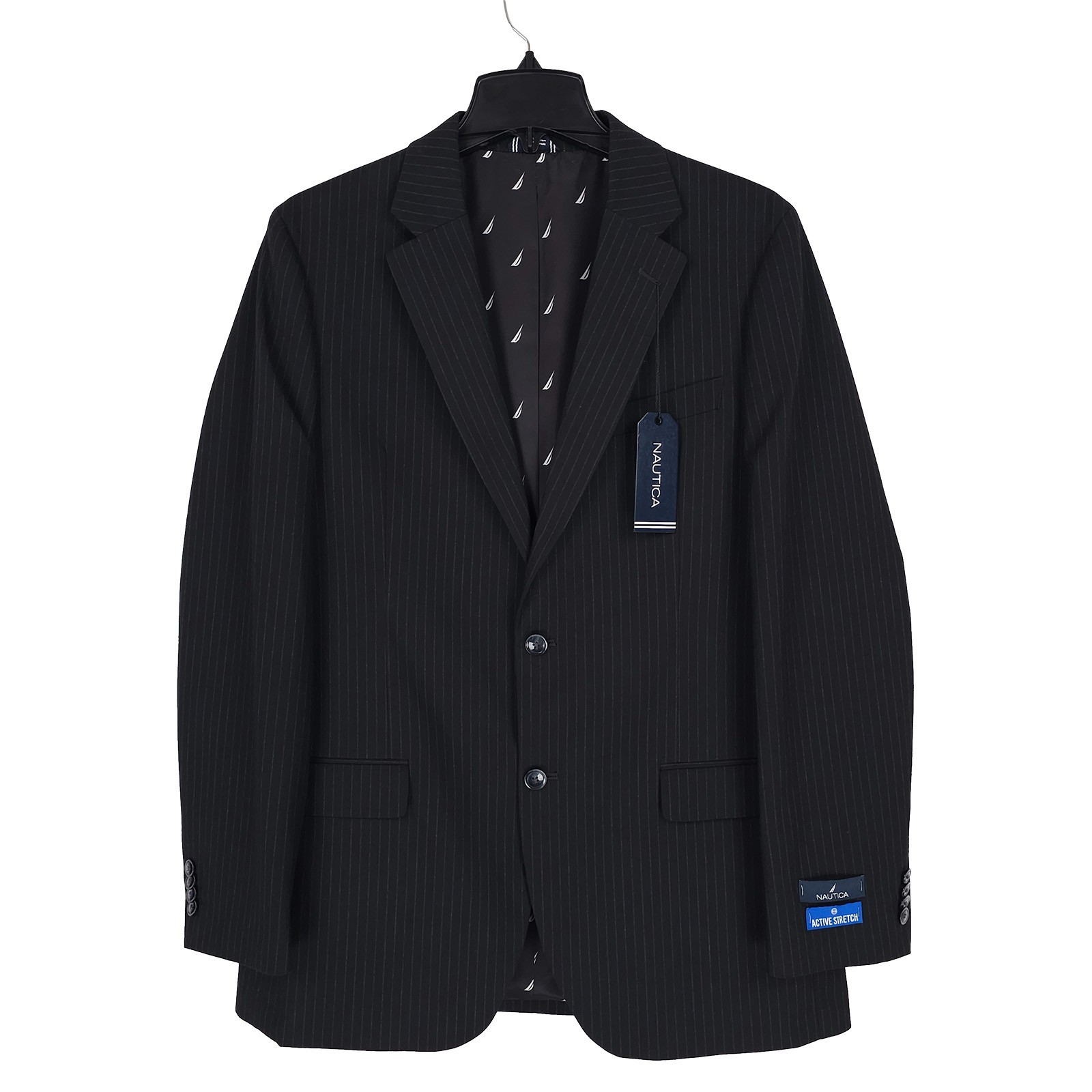 Nautica Mens Modern Fit 2 Piece Suit 36S 32W Black Pinstripe Stretch NWT