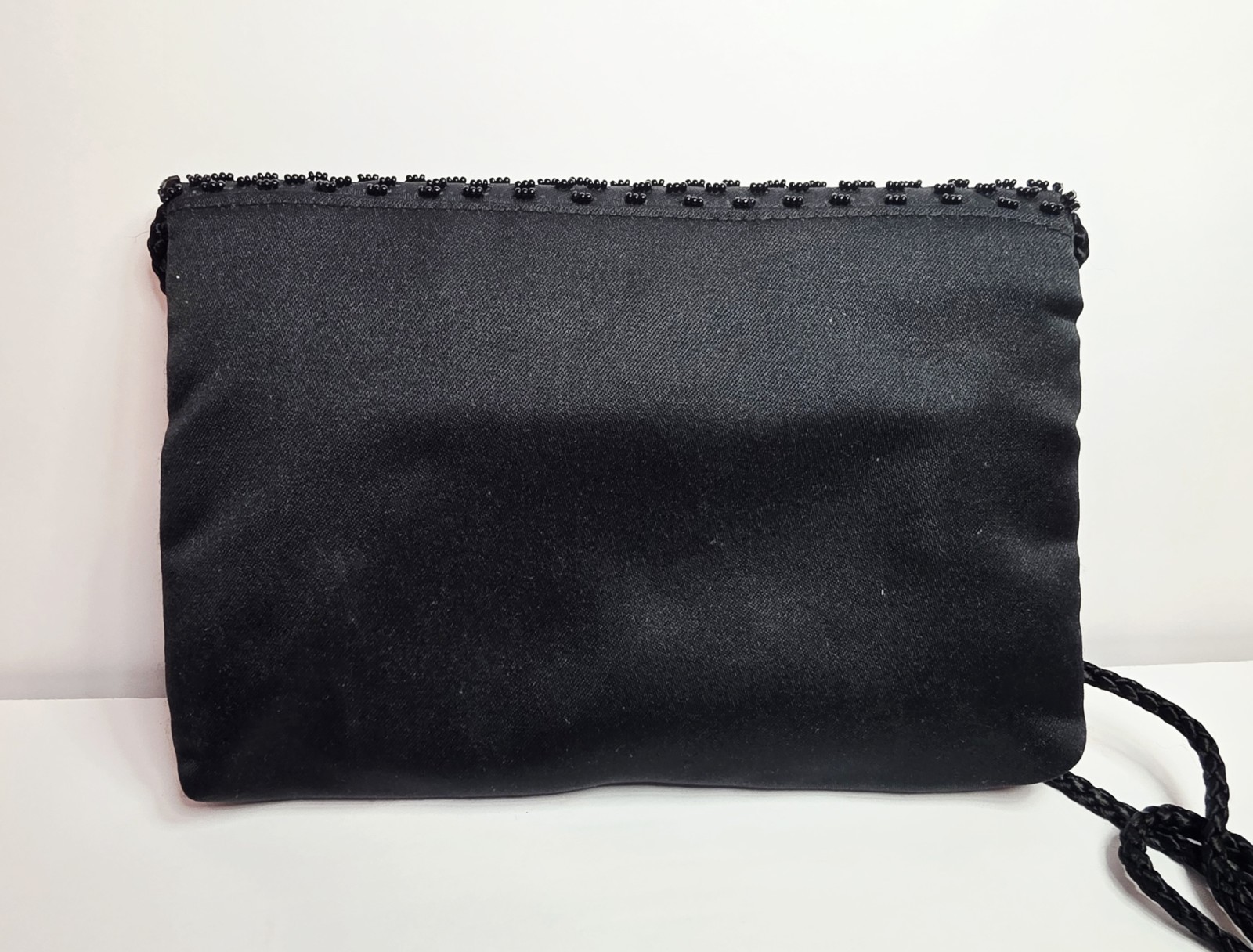 1990’s Black Silver Red Beaded Black Satin Evening Clutch Shoulder Bag 7.75×5.3″