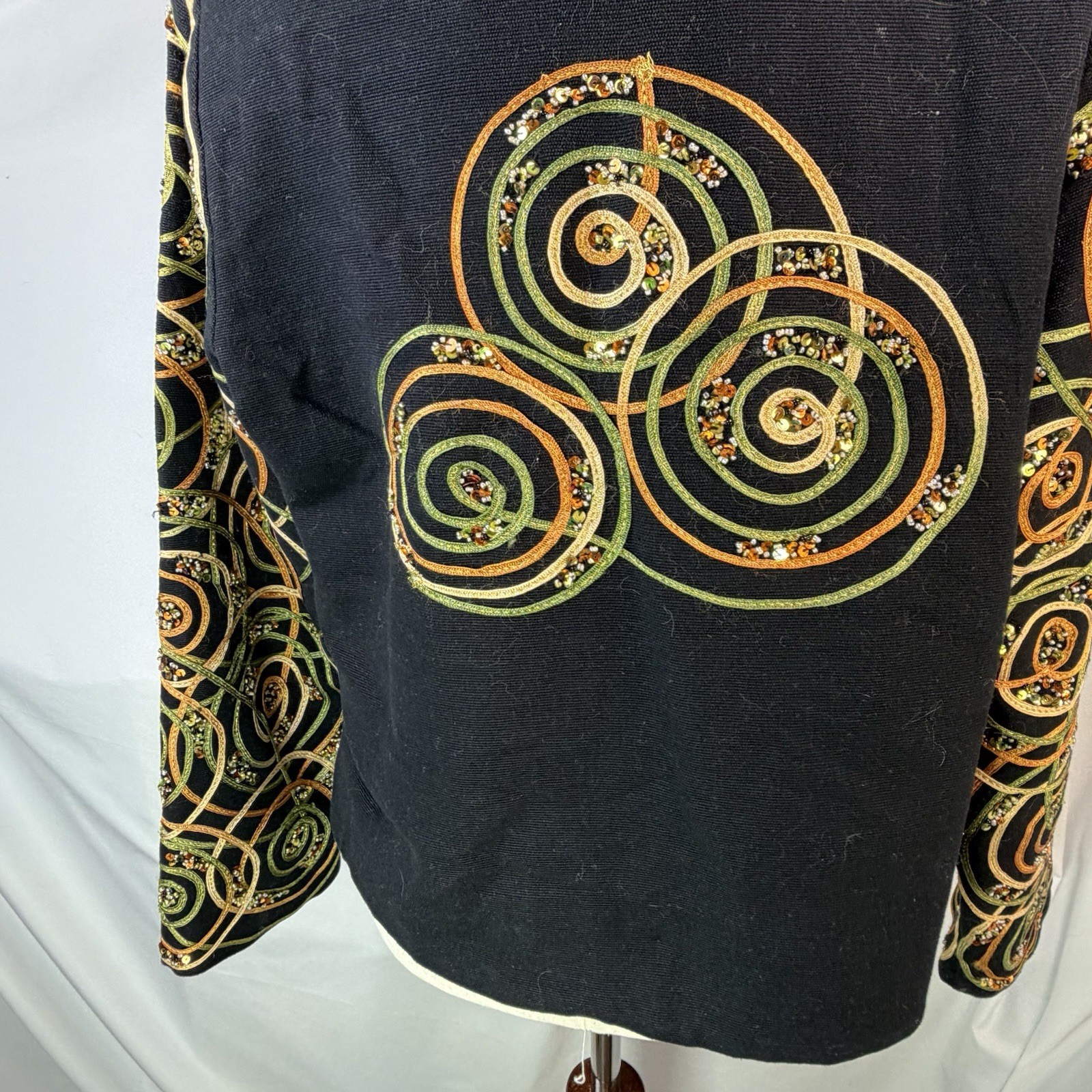 ANAGE Jacket Blazer Black Spiral Ribbons Gold Tones Beaded Artsy XL Unique