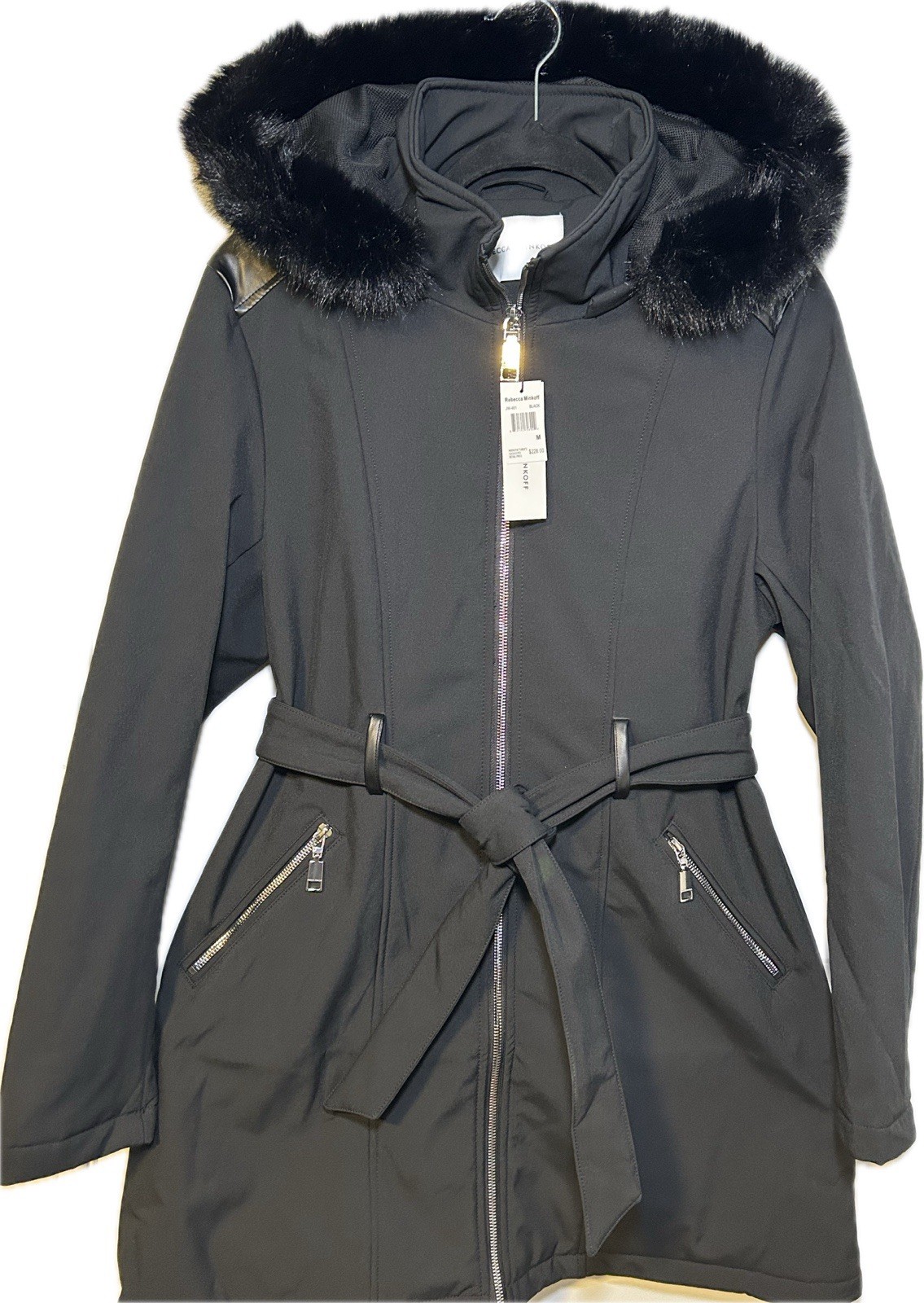 Rebecca Minkoff Hooded Softshell Belted Jacket Coat Faux Fur Trim NWT Medium