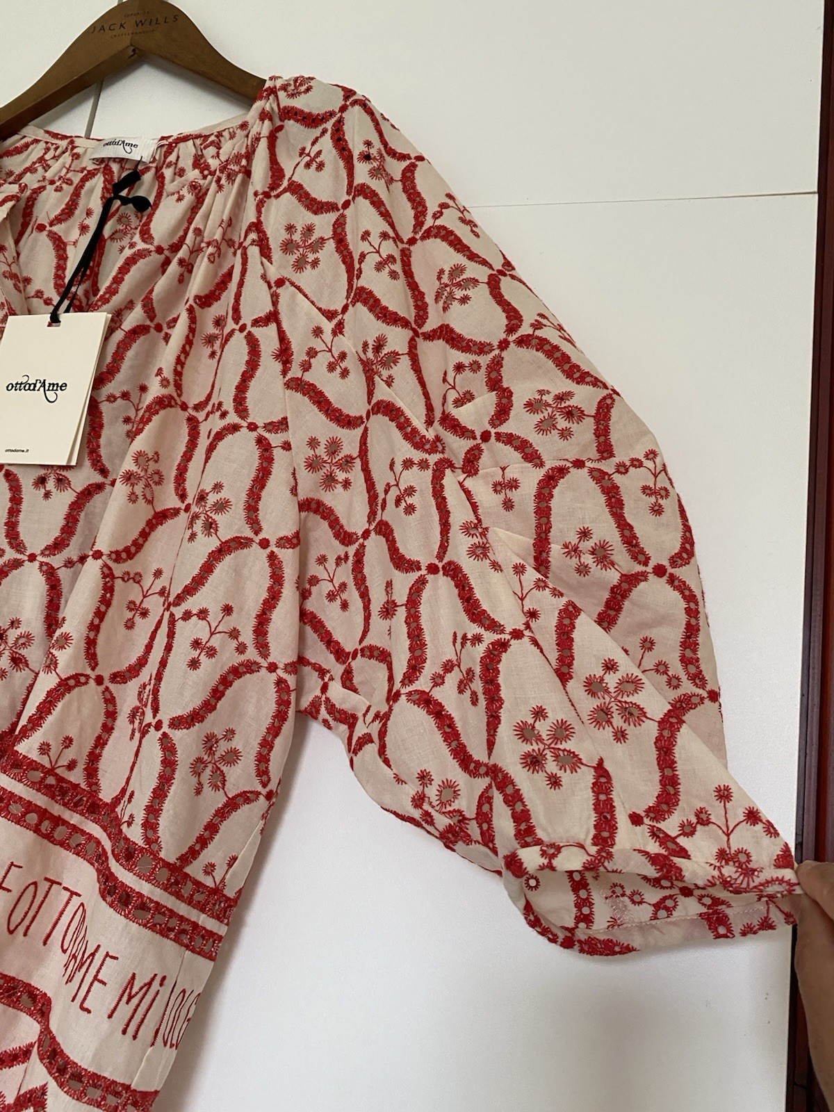 ottod’Ame Beige & Red Embroidered Round Neck Balloon Sleeve Blouse Cotton 10