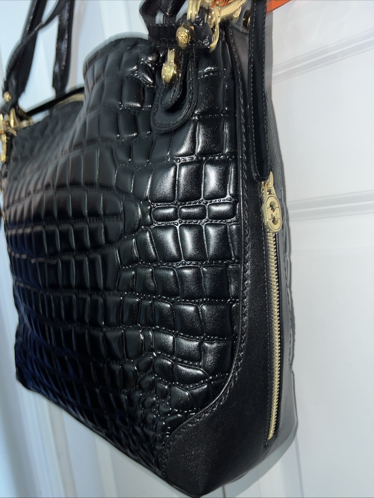 NWT MARINO ORLANDI ITALIAN DESIGNER CROC LEATHER BLACK SATCHEL SHOULDER BAG 4228
