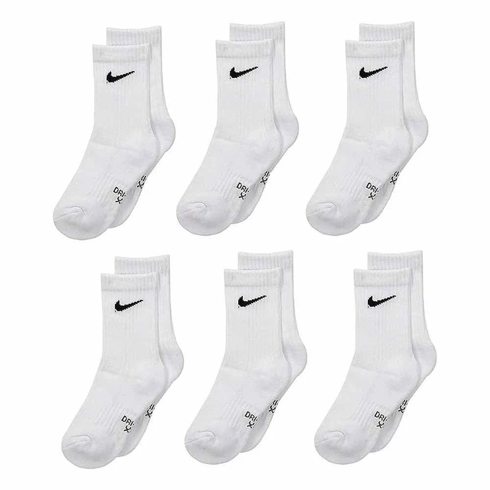Nike Kids Dri-FIT Crew Socks 6-Pairs White XS Youth (10C-3Y) UN0019-001 NEW