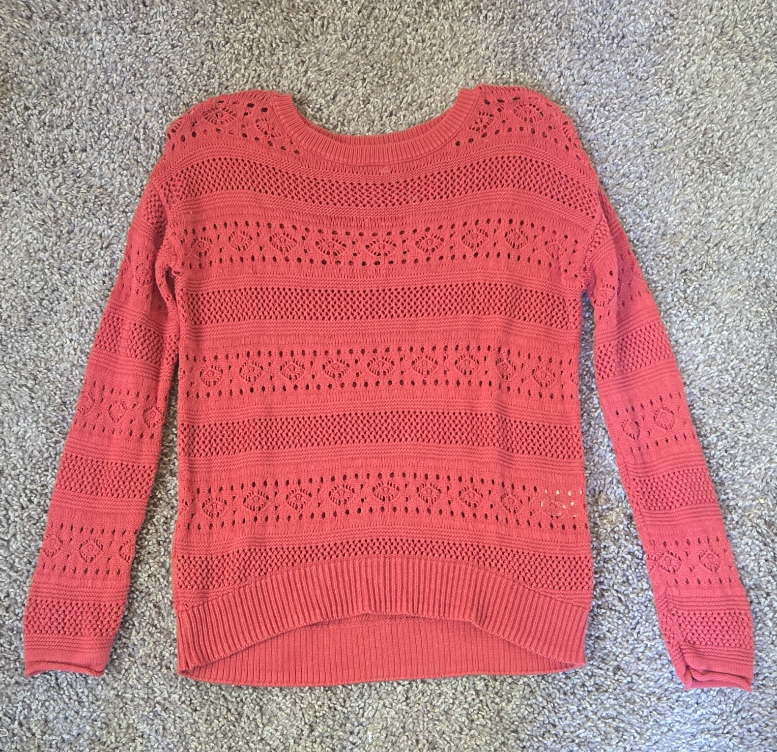 Grace & Lace Burnt Orange Open-Knit Crew Neck Long Sleeve Pullover Sweater XS